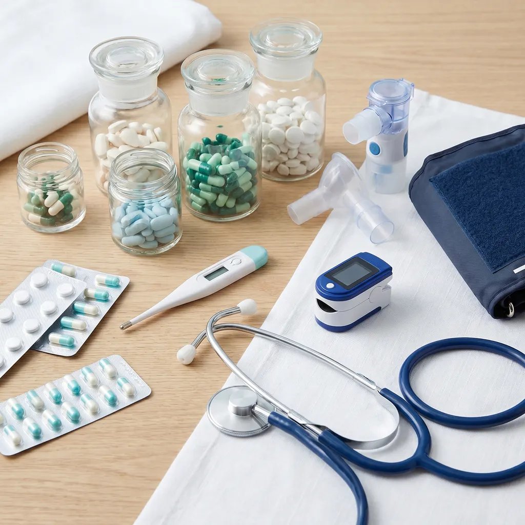 Pharmaceutical jars, blister packs, stethoscope, thermometer, and pulse oximeter laid out on a wooden surface